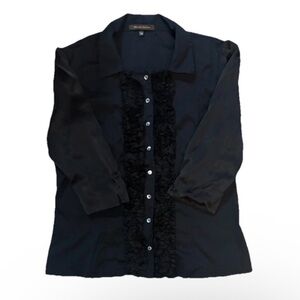 Black Ruffled Button-Up Blouse 3/4 Sleeve Walter Voulaz Size 48